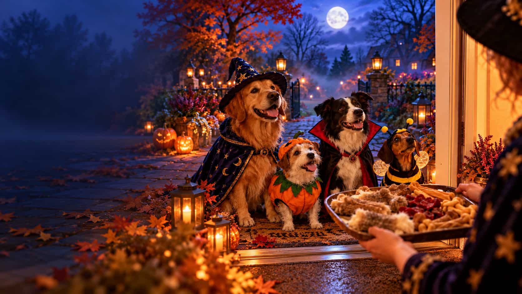 Halloween-klädda hundar ber om godis.